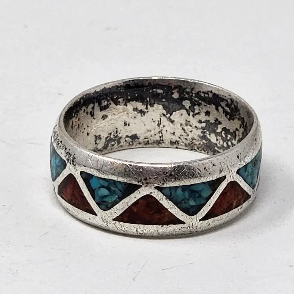Vintage Sterling Silver Genuine Turquoise & Coral Navajo Native American Ring